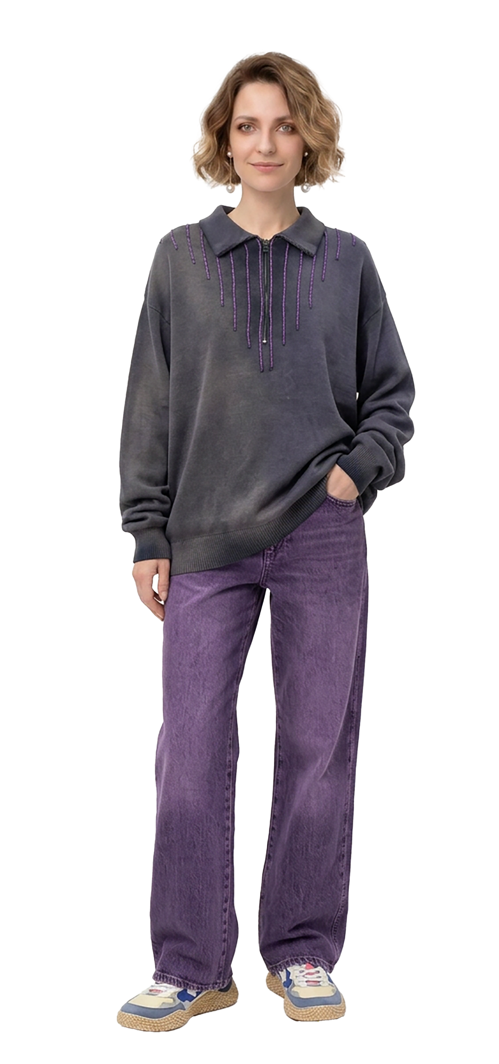 Gray and purple Sweatshirt with collar and front zipper