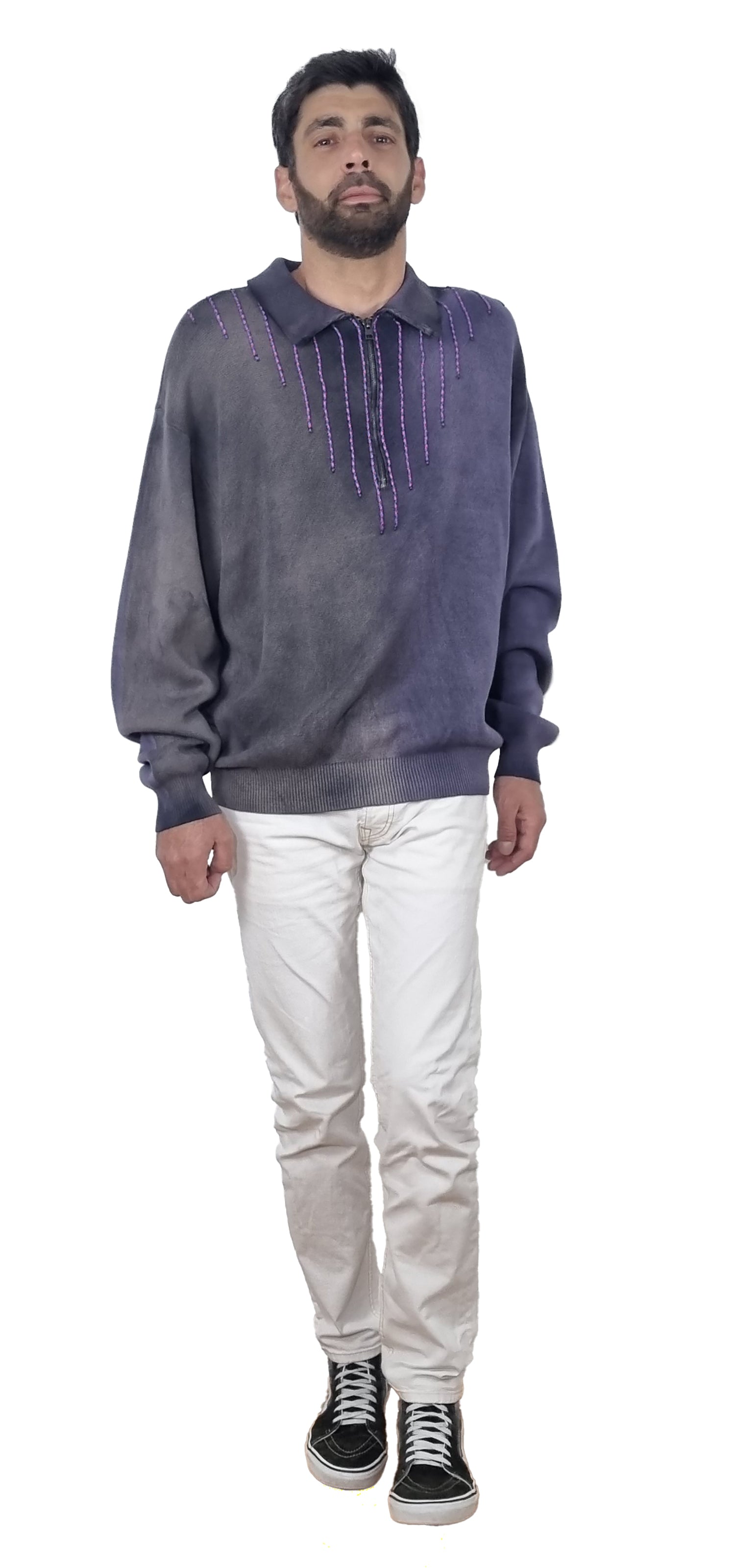 Gray and purple Sweatshirt with collar and front zipper